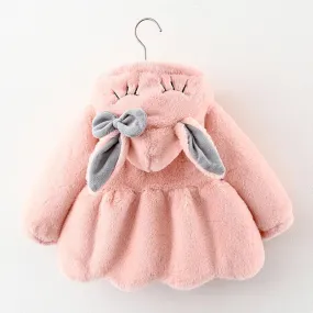 Cute Rabbit Ears Plush Baby Jacket Girls Coat Fall Winter Warm Hooded Outerwear Toddler Girl