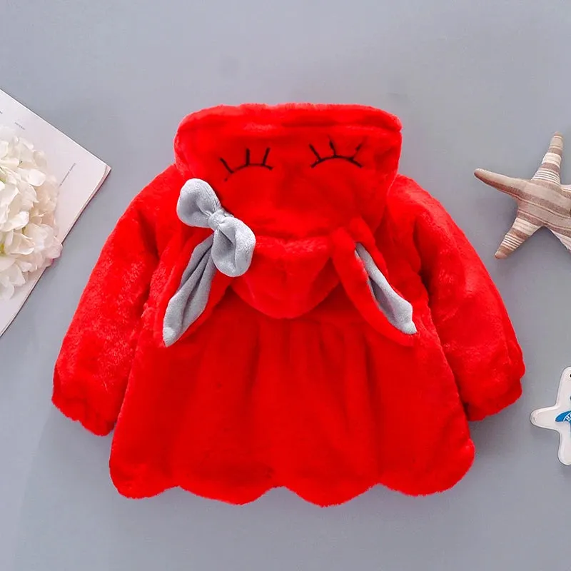 Cute Rabbit Ears Plush Baby Jacket Girls Coat Fall Winter Warm Hooded Outerwear Toddler Girl