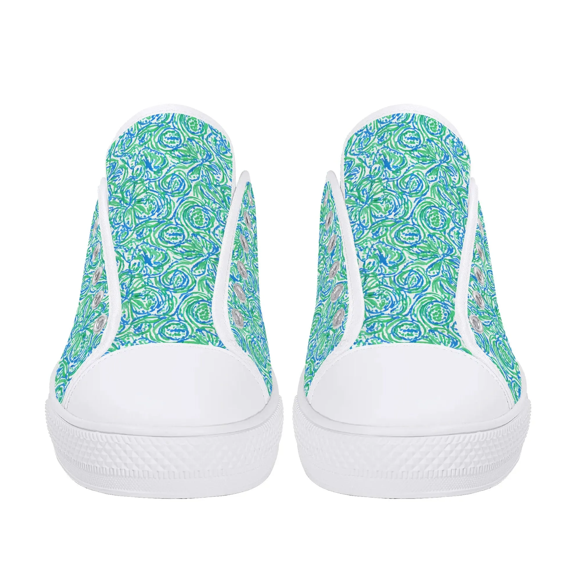 Emerald Tide: Swirling Green and Blue Flowers Womens Low Top Canvas Sneakers US5.5 - US12