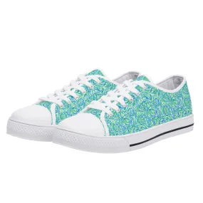Emerald Tide: Swirling Green and Blue Flowers Womens Low Top Canvas Sneakers US5.5 - US12