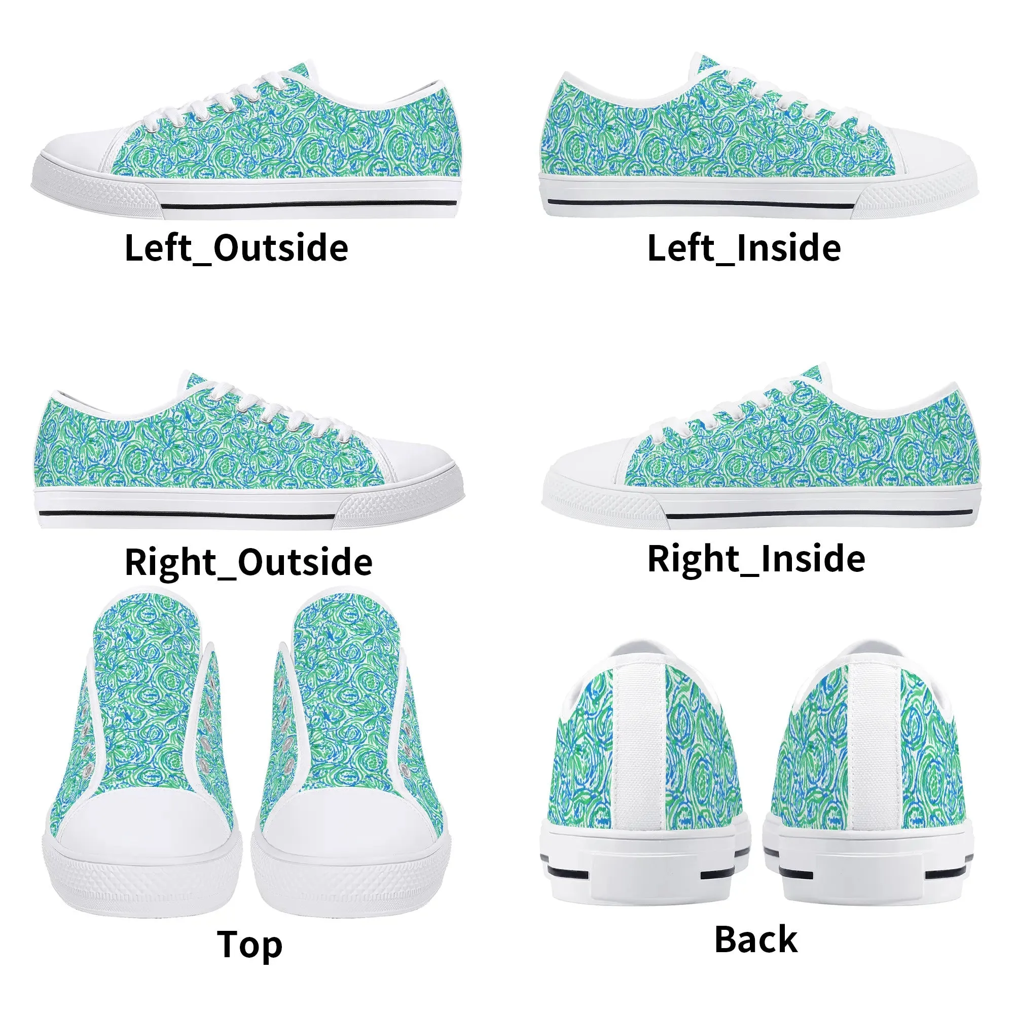 Emerald Tide: Swirling Green and Blue Flowers Womens Low Top Canvas Sneakers US5.5 - US12