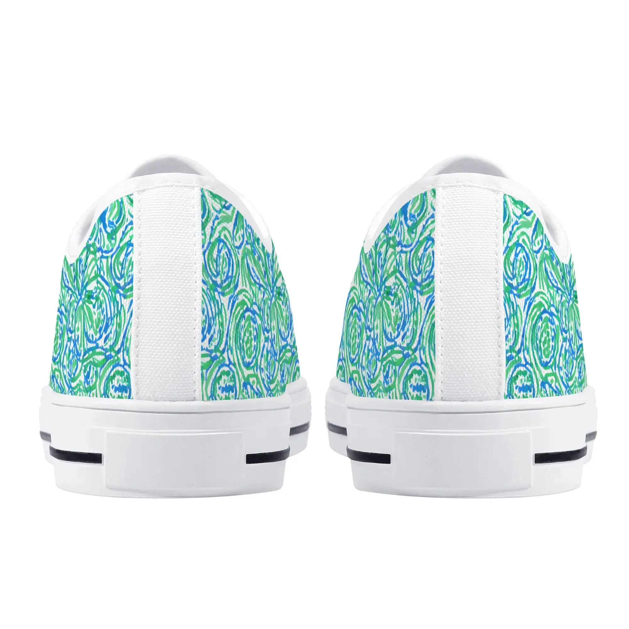 Emerald Tide: Swirling Green and Blue Flowers Womens Low Top Canvas Sneakers US5.5 - US12