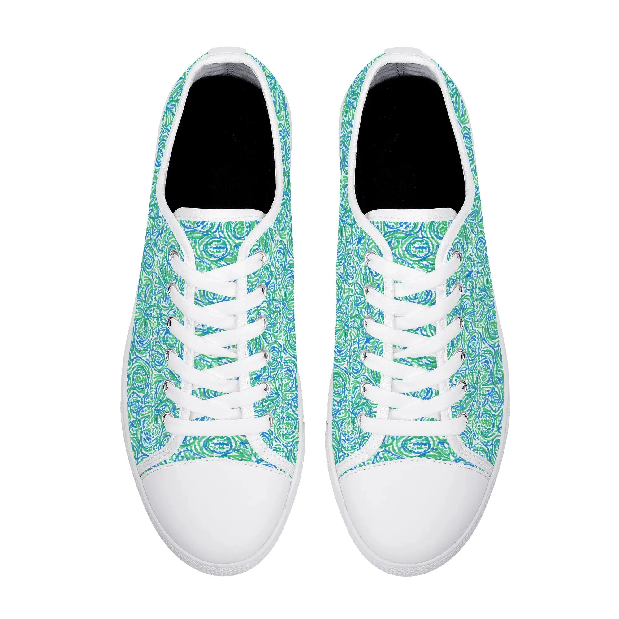 Emerald Tide: Swirling Green and Blue Flowers Womens Low Top Canvas Sneakers US5.5 - US12