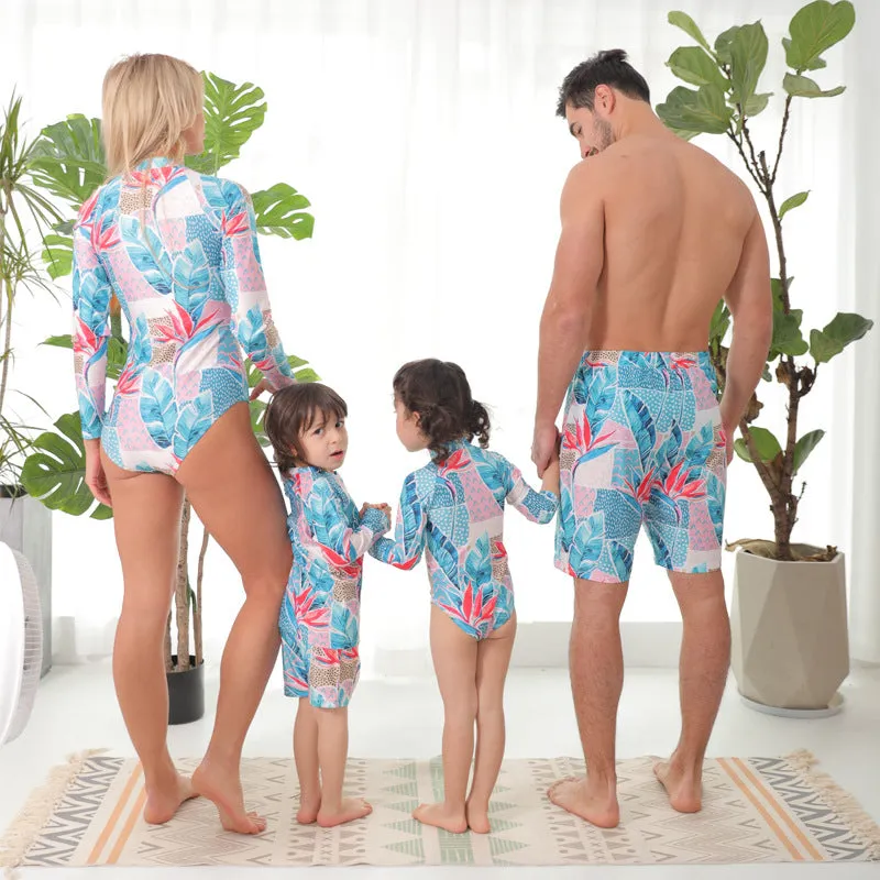 Family Matching Blue Flower Printed Swimsuits