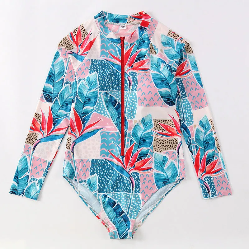Family Matching Blue Flower Printed Swimsuits