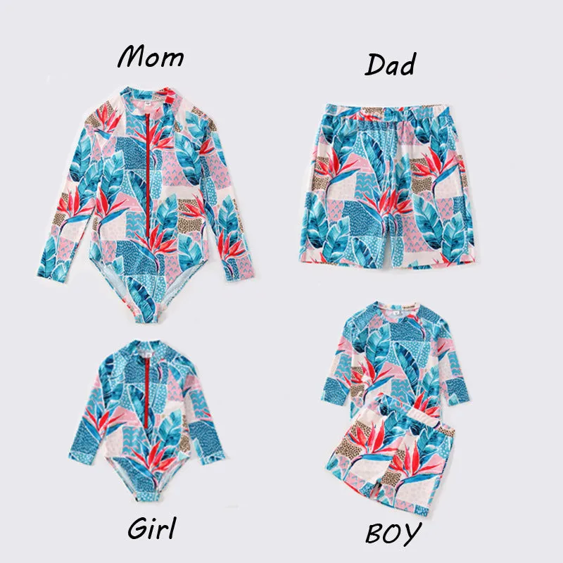 Family Matching Blue Flower Printed Swimsuits