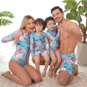Family Matching Blue Flower Printed Swimsuits