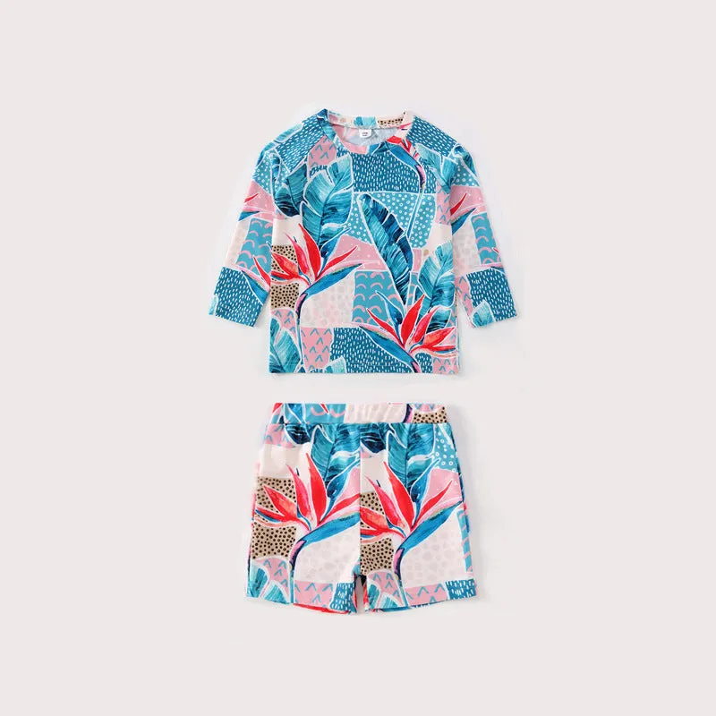 Family Matching Blue Flower Printed Swimsuits