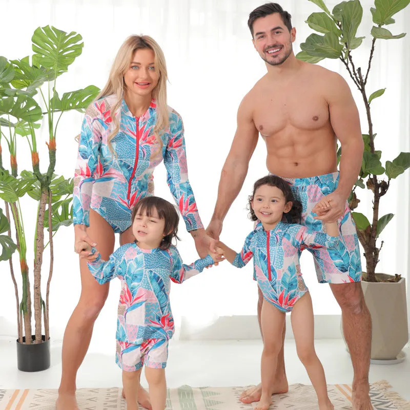 Family Matching Blue Flower Printed Swimsuits