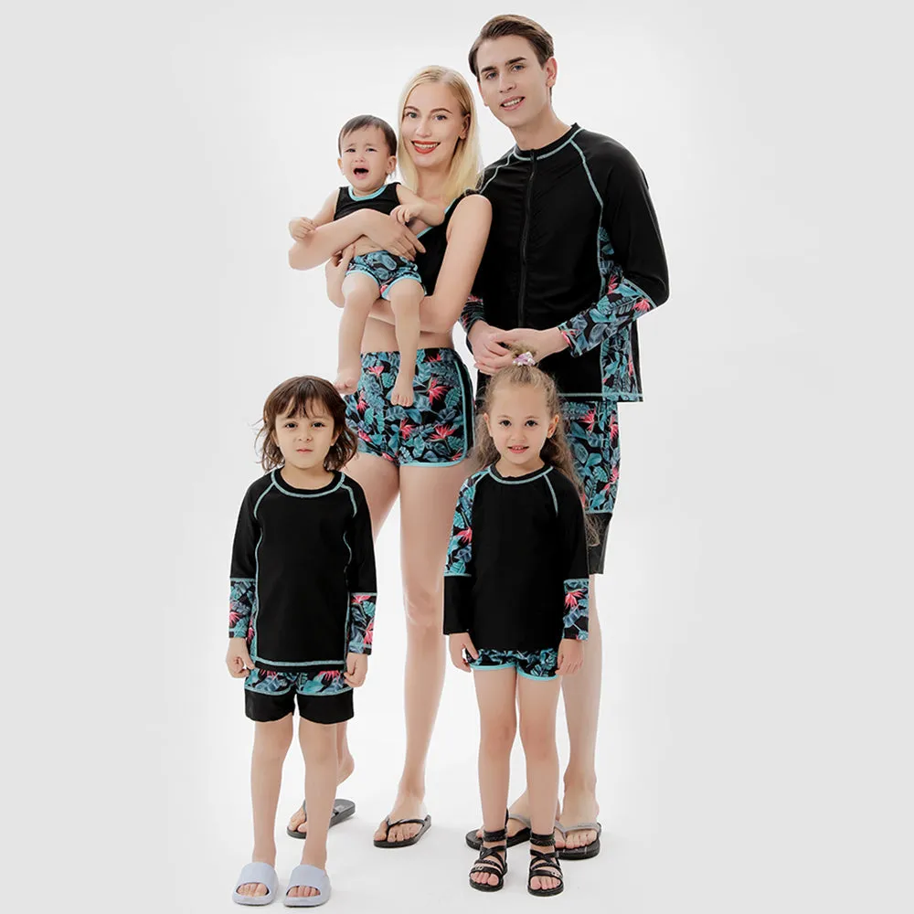 Family Matching Long Sleeve Green Leaves Swimsuits