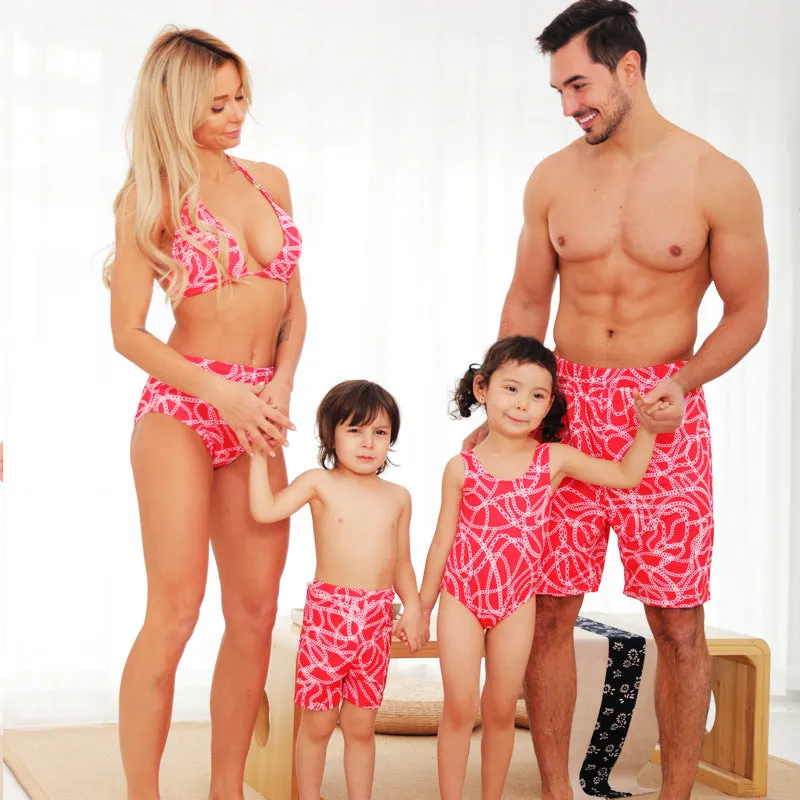 Family Matching Pink Chain Printed Swimsuits
