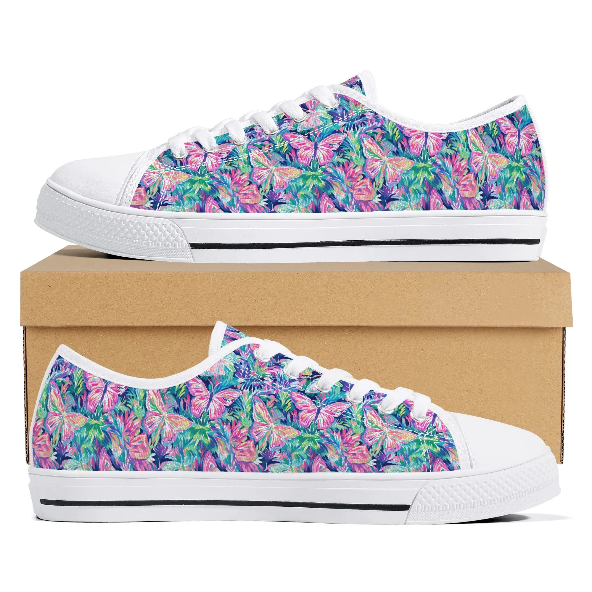 Fluttering Rainbows: Vibrant Watercolor Butterflies in Flight Womens Low Top Canvas Sneakers US5.5 - US12