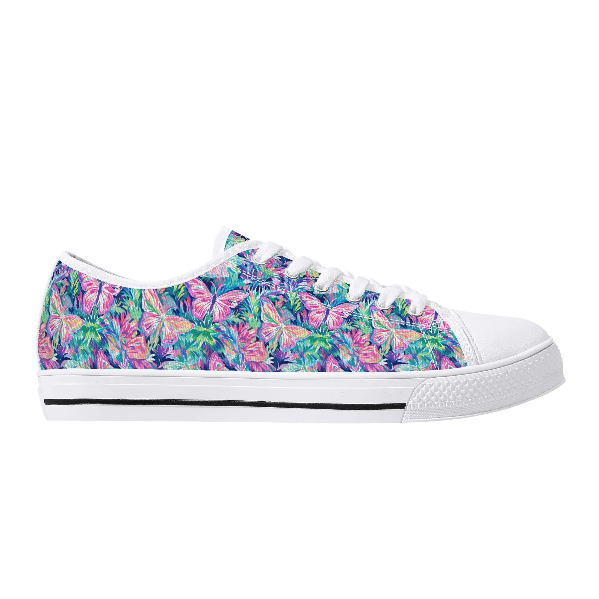 Fluttering Rainbows: Vibrant Watercolor Butterflies in Flight Womens Low Top Canvas Sneakers US5.5 - US12