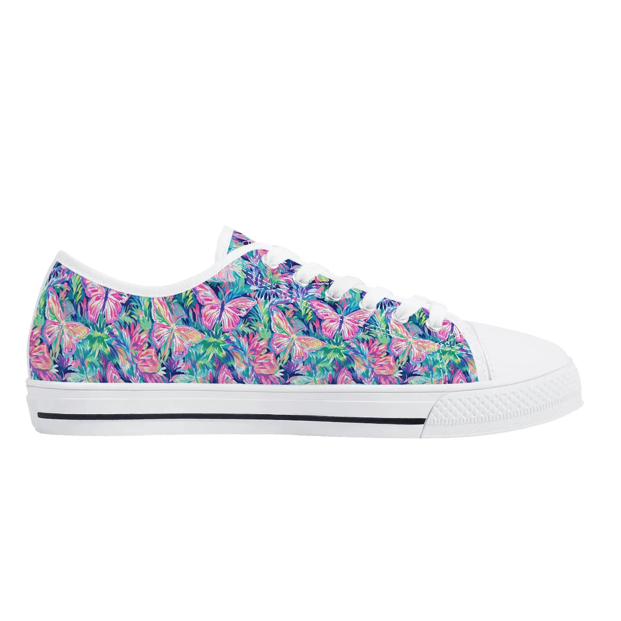 Fluttering Rainbows: Vibrant Watercolor Butterflies in Flight Womens Low Top Canvas Sneakers US5.5 - US12