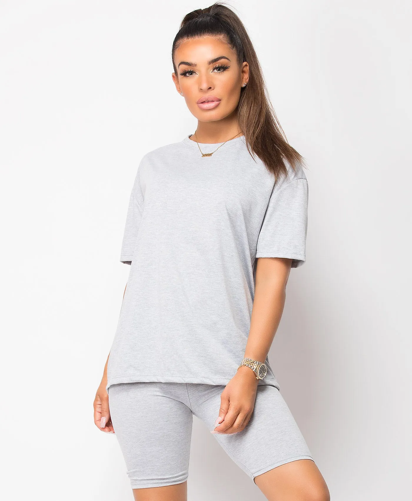 Grey Cycling Short & T-Shirt Co Ord Loungewear Set