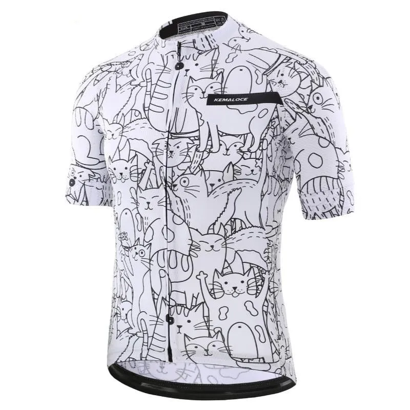 KEMALOCE White Cartoon Cat Cycling Jersey