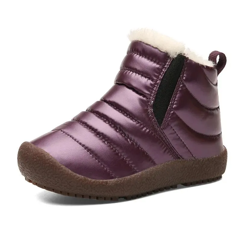 Kids Girls Boys Plush Leather Waterproof Warm Snow Boots
