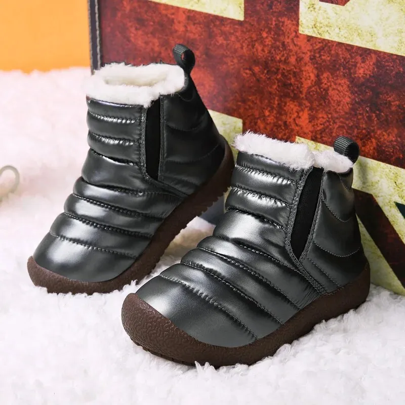 Kids Girls Boys Plush Leather Waterproof Warm Snow Boots