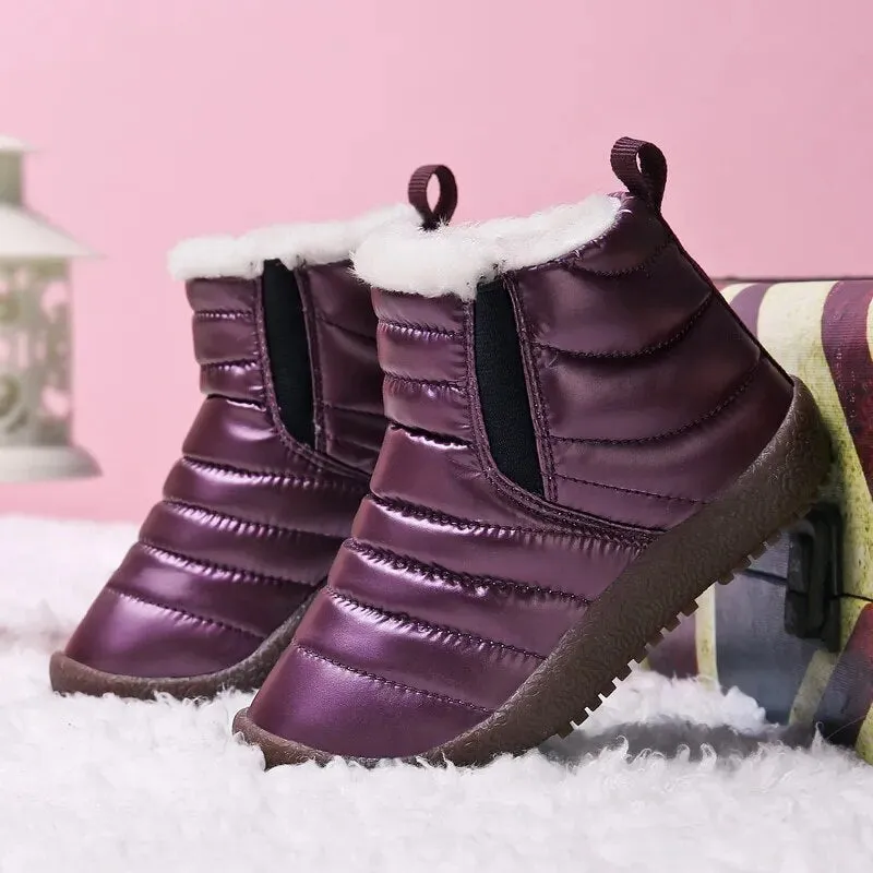 Kids Girls Boys Plush Leather Waterproof Warm Snow Boots