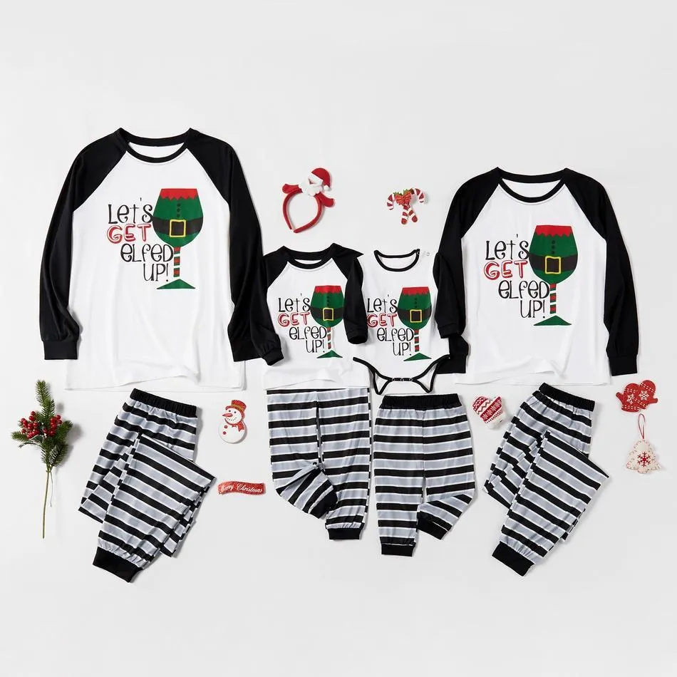 Let's Get Elfed Up Christmas Glass Top and Striped Pants Family Matching Pajamas Set