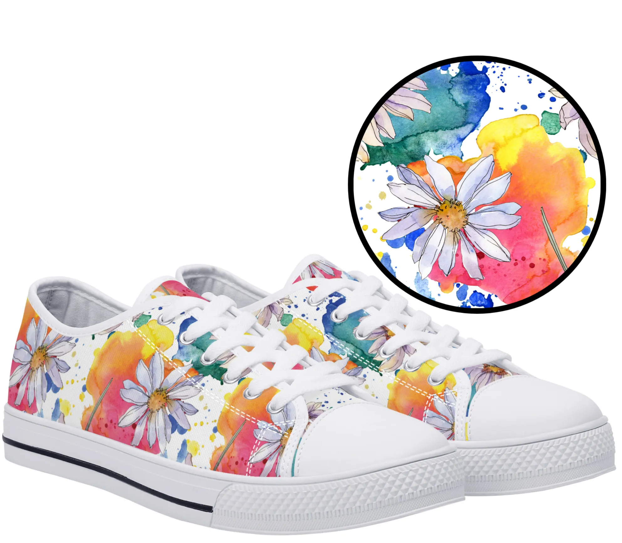 Lively Blooms of Vibrant Daisies Painted in Watercolor Canvas Sneakers