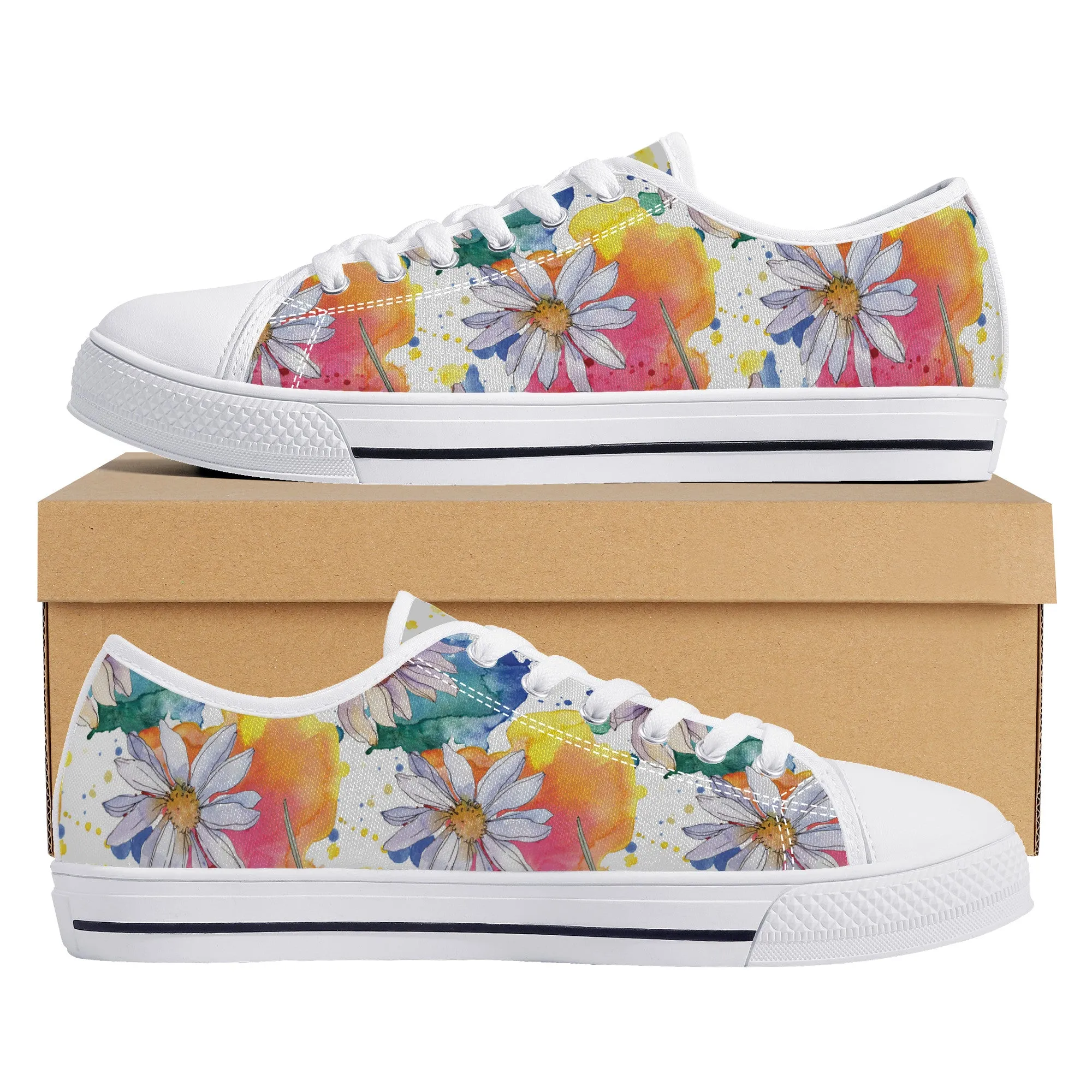 Lively Blooms of Vibrant Daisies Painted in Watercolor Canvas Sneakers