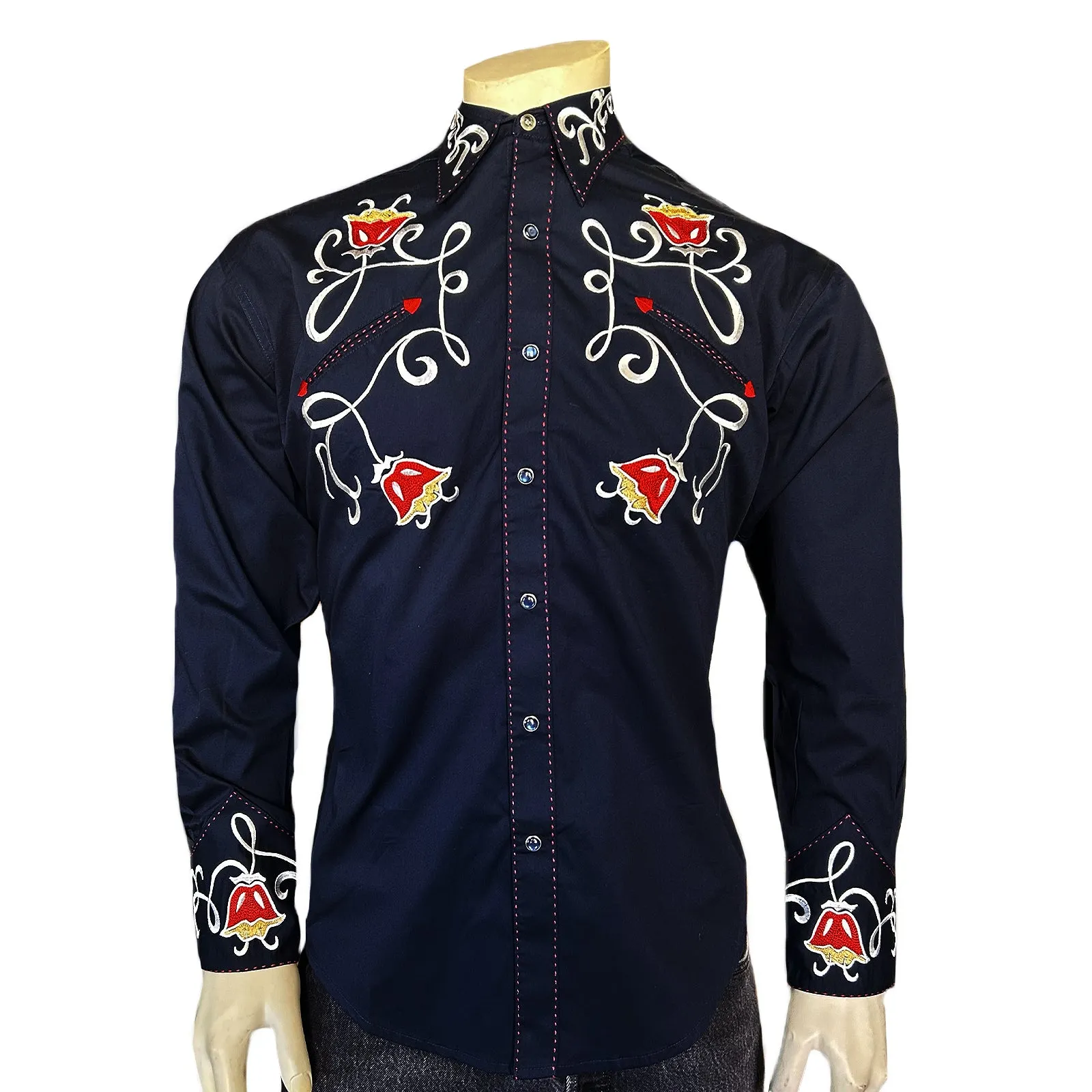 Men's Navy Art Deco Floral Embroidered Western Shirt