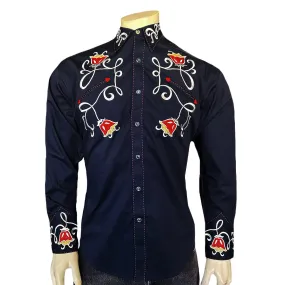 Men's Navy Art Deco Floral Embroidered Western Shirt