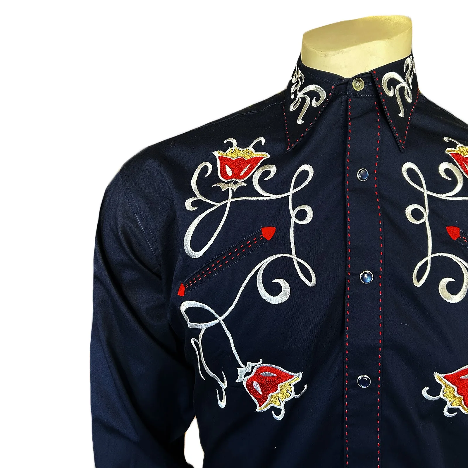 Men's Navy Art Deco Floral Embroidered Western Shirt