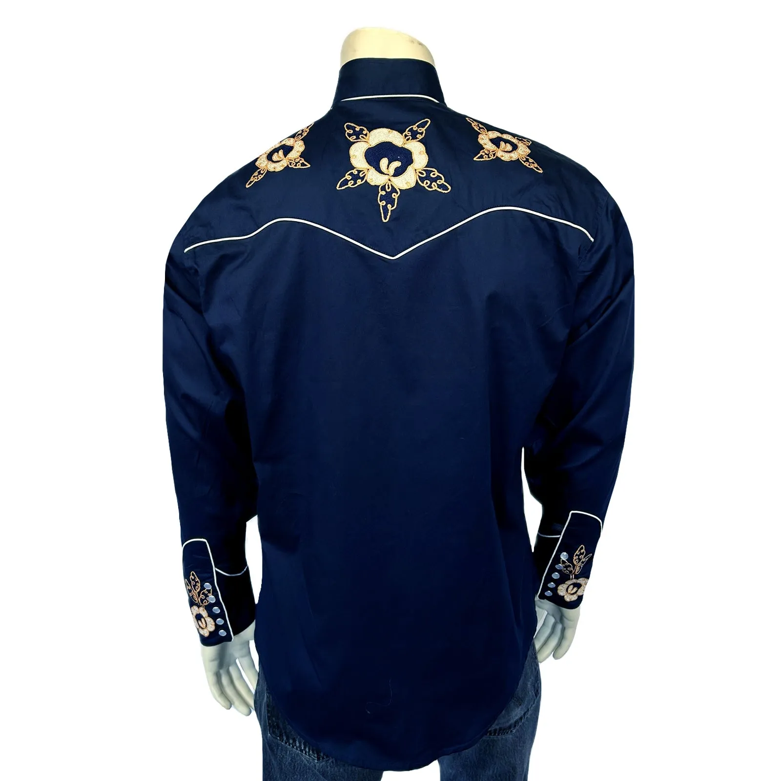 Men's Vintage Navy Floral Embroidered Western Shirt