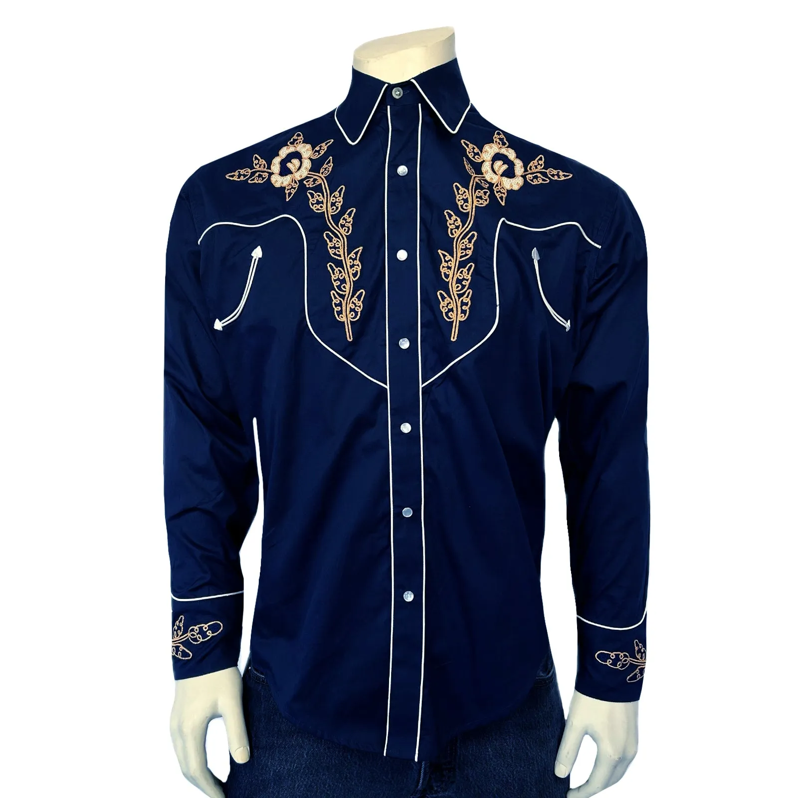 Men's Vintage Navy Floral Embroidered Western Shirt