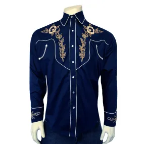 Men's Vintage Navy Floral Embroidered Western Shirt
