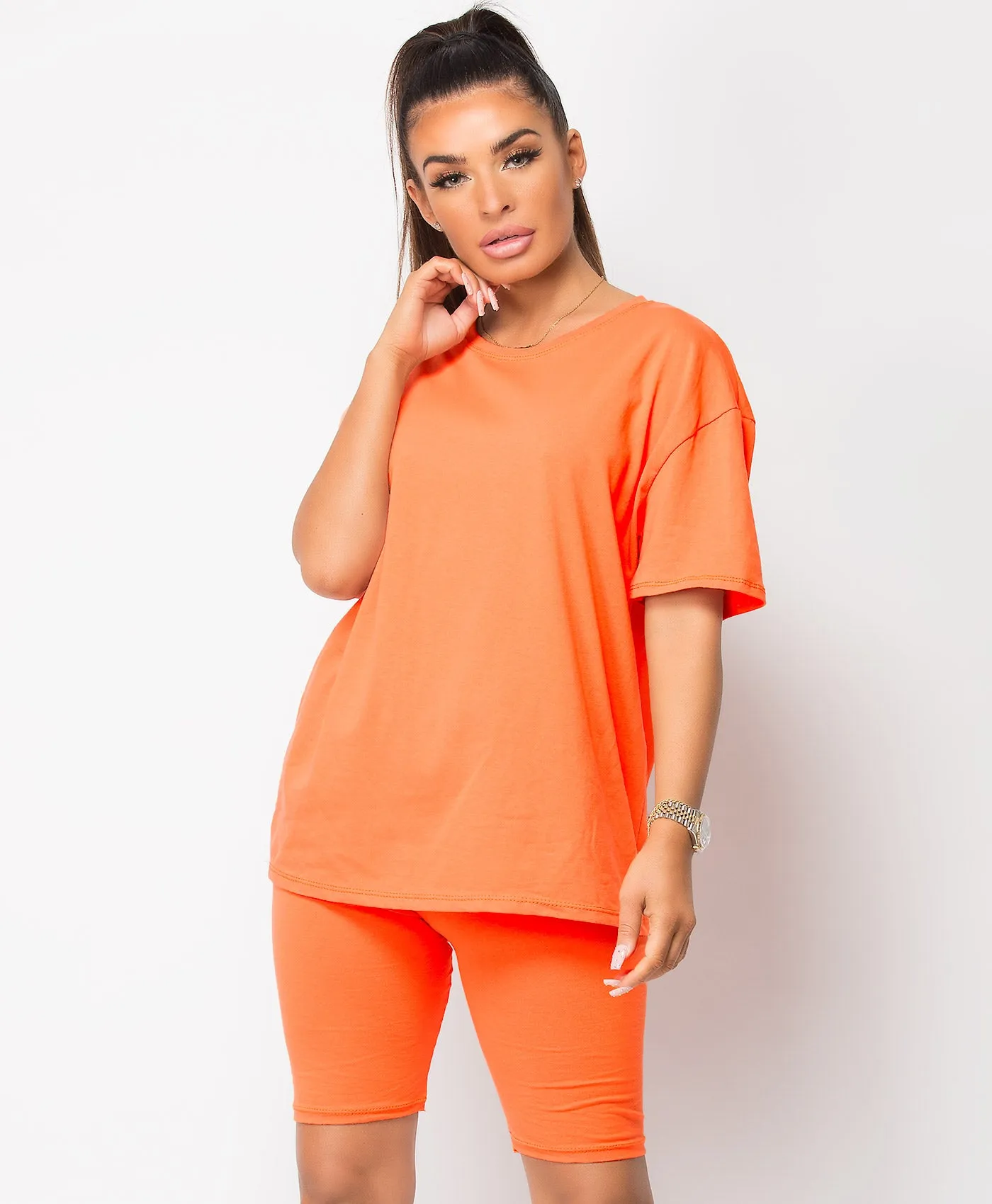 Neon Orange Cycling Short & T-Shirt Co Ord Loungewear Set
