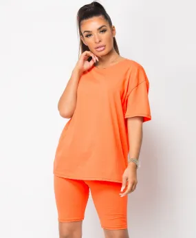 Neon Orange Cycling Short & T-Shirt Co Ord Loungewear Set