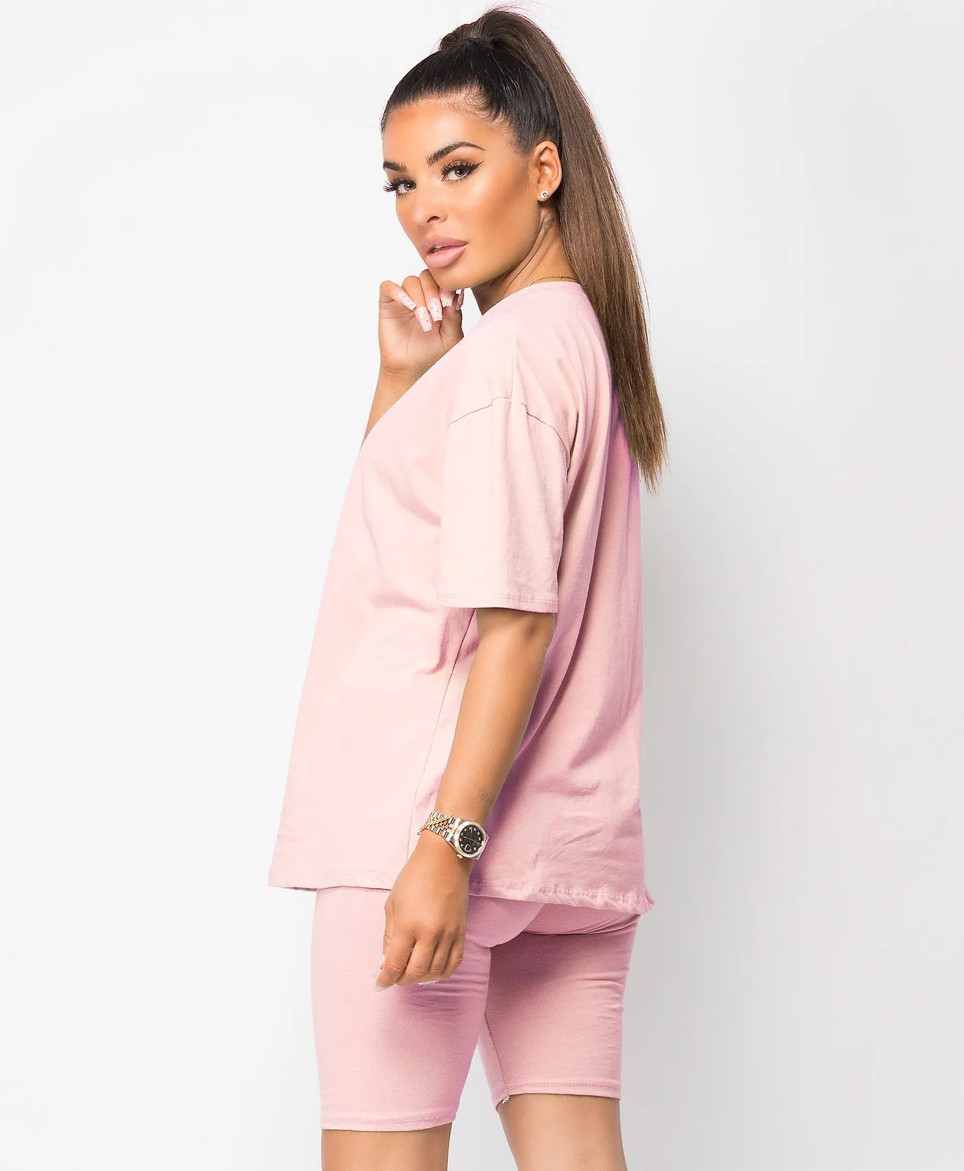 Pink Cycling Short & T-Shirt Co Ord Loungewear Set