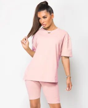 Pink Cycling Short & T-Shirt Co Ord Loungewear Set