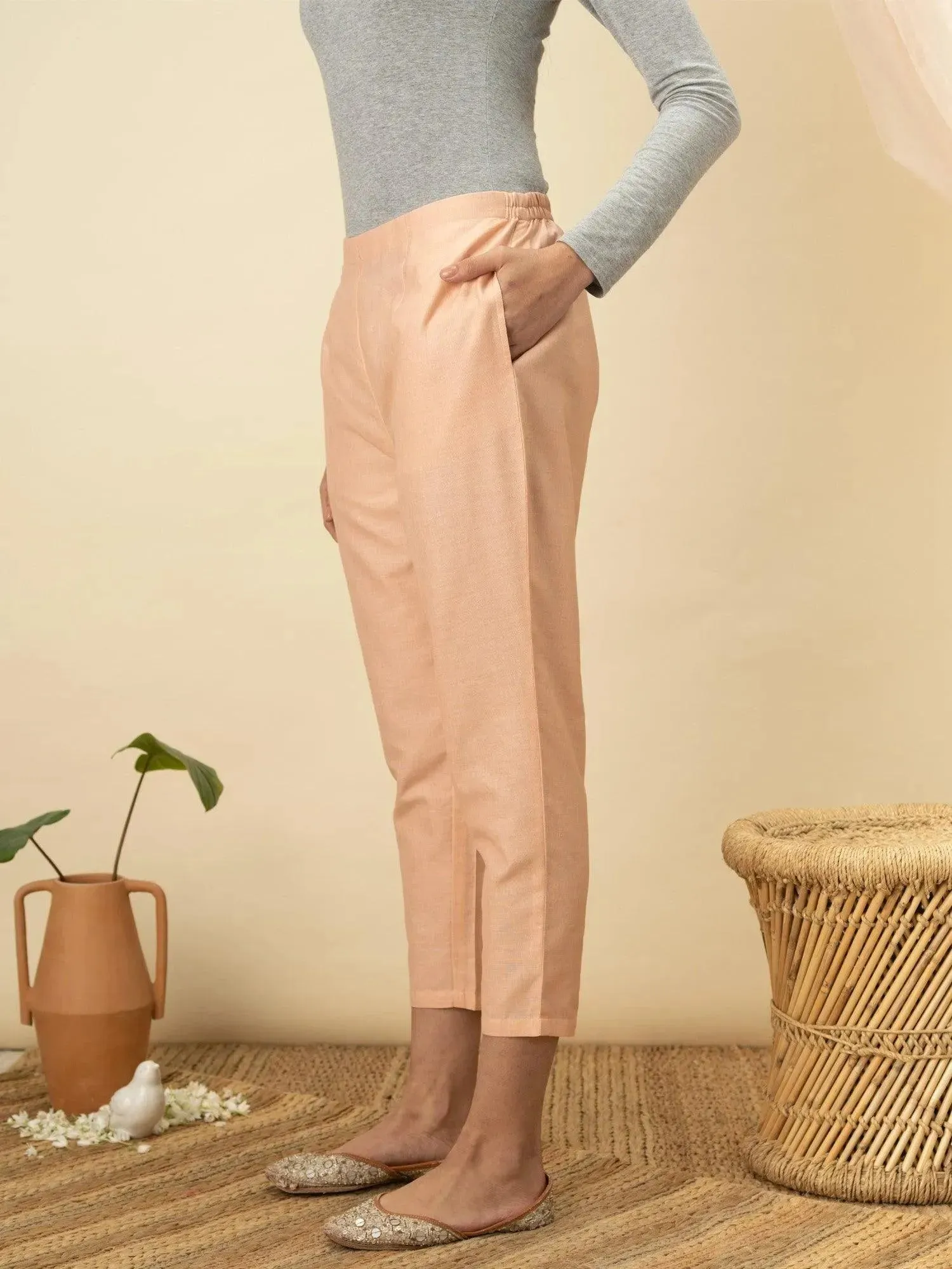 Pink Solid Cotton Trousers