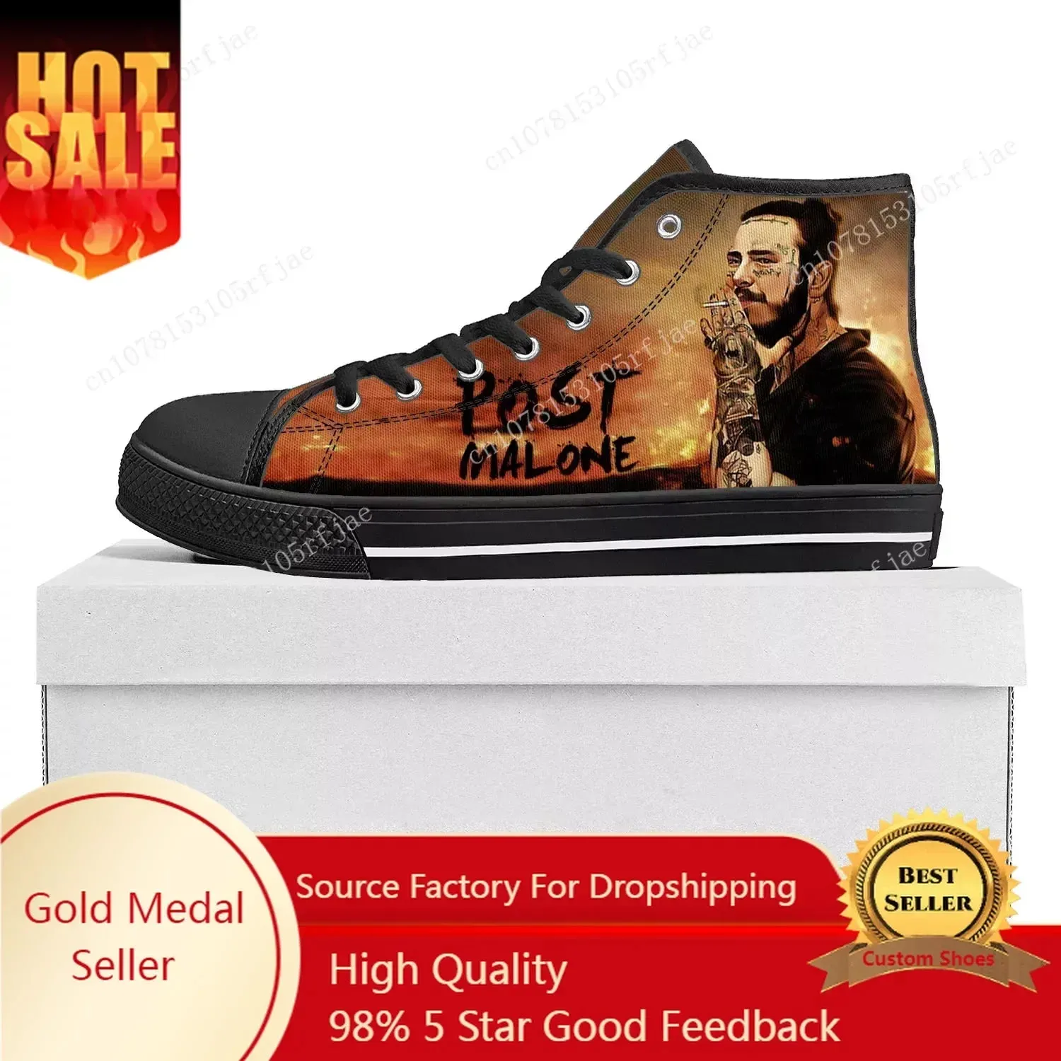 Post Malone High Top Sneakers – Black Canvas Shoes for Men & Women