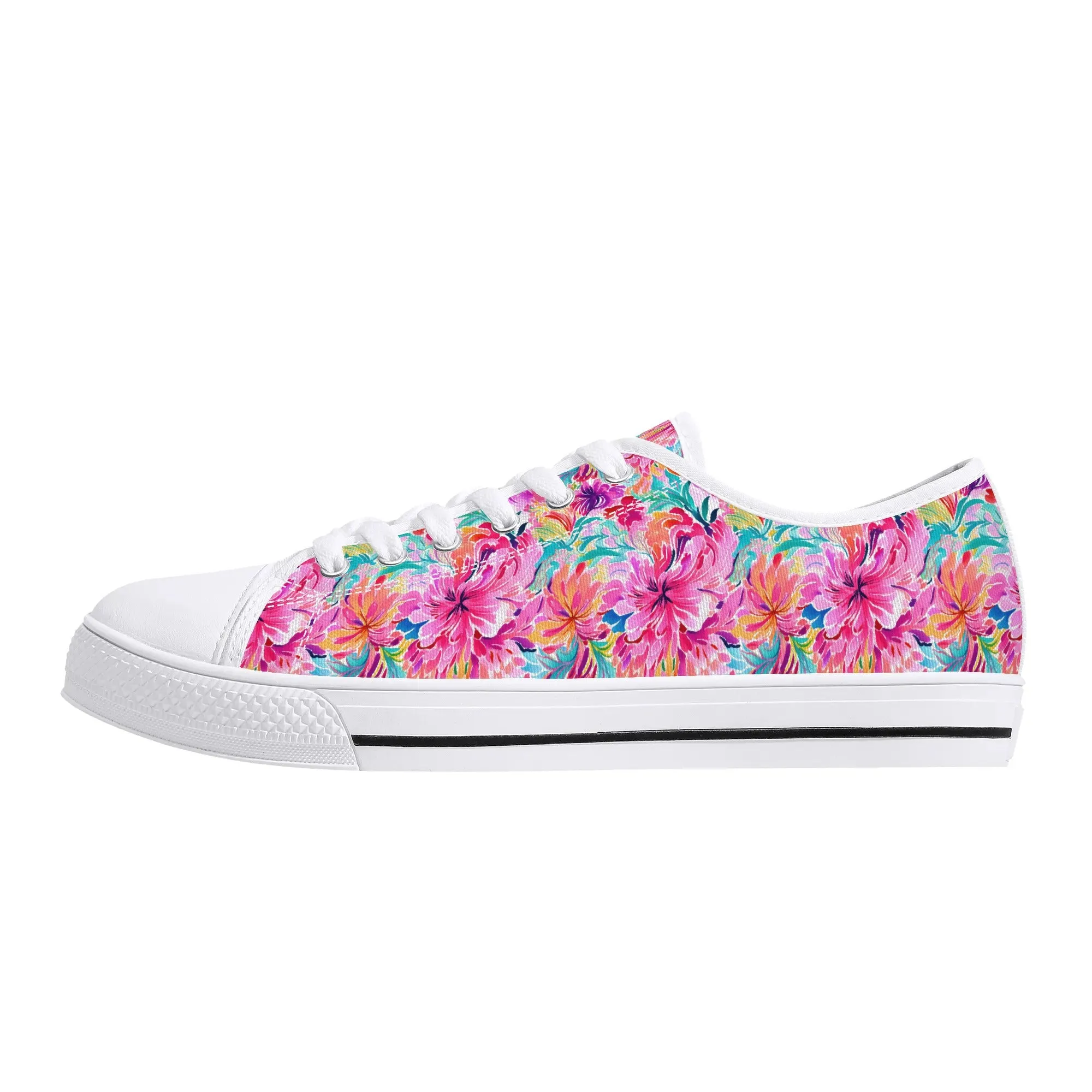 Rainbow Tropics: Watercolor Flowers in Vibrant Pink, Green and Orange Hues Womens Low Top Canvas Sneakers US5.5 - US12