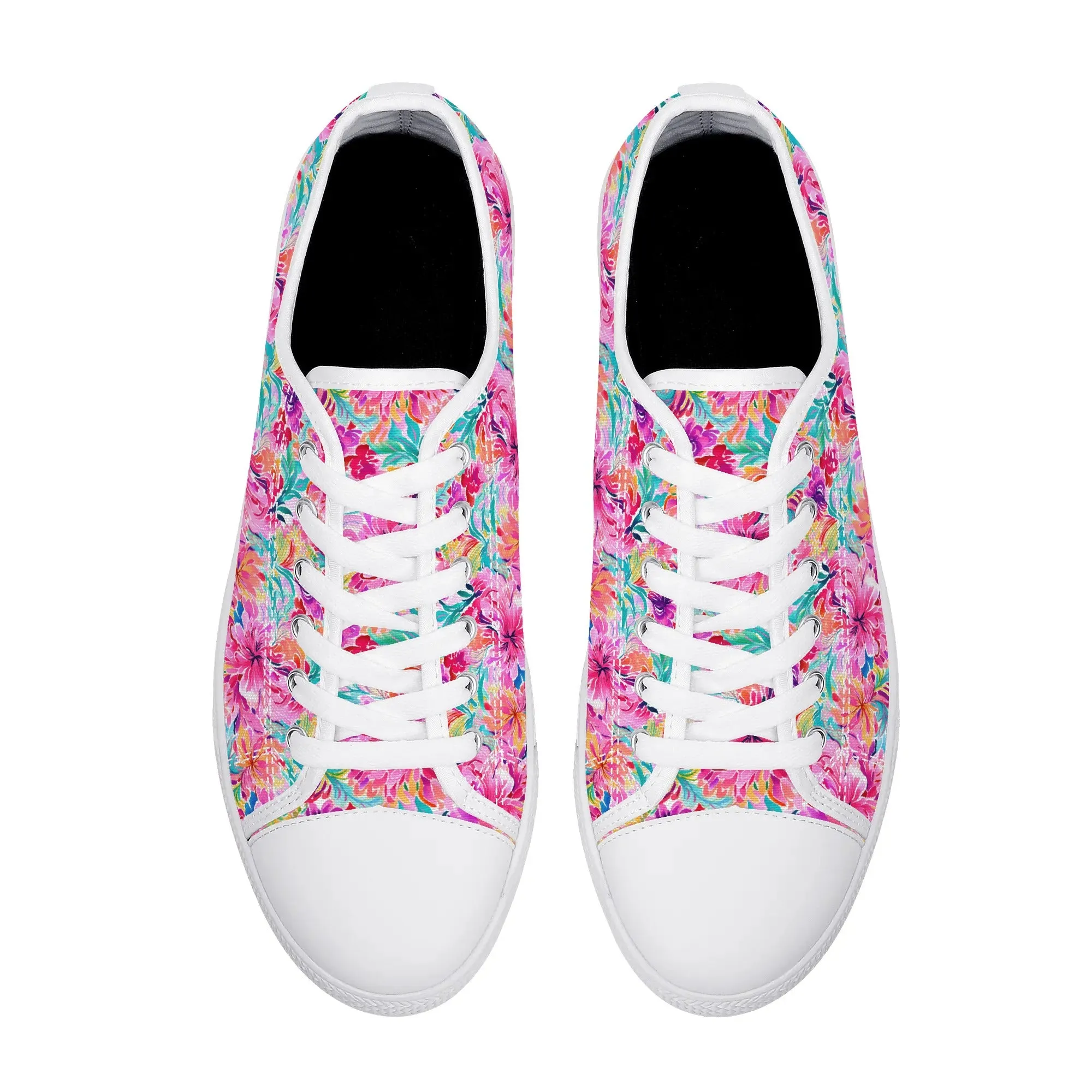 Rainbow Tropics: Watercolor Flowers in Vibrant Pink, Green and Orange Hues Womens Low Top Canvas Sneakers US5.5 - US12