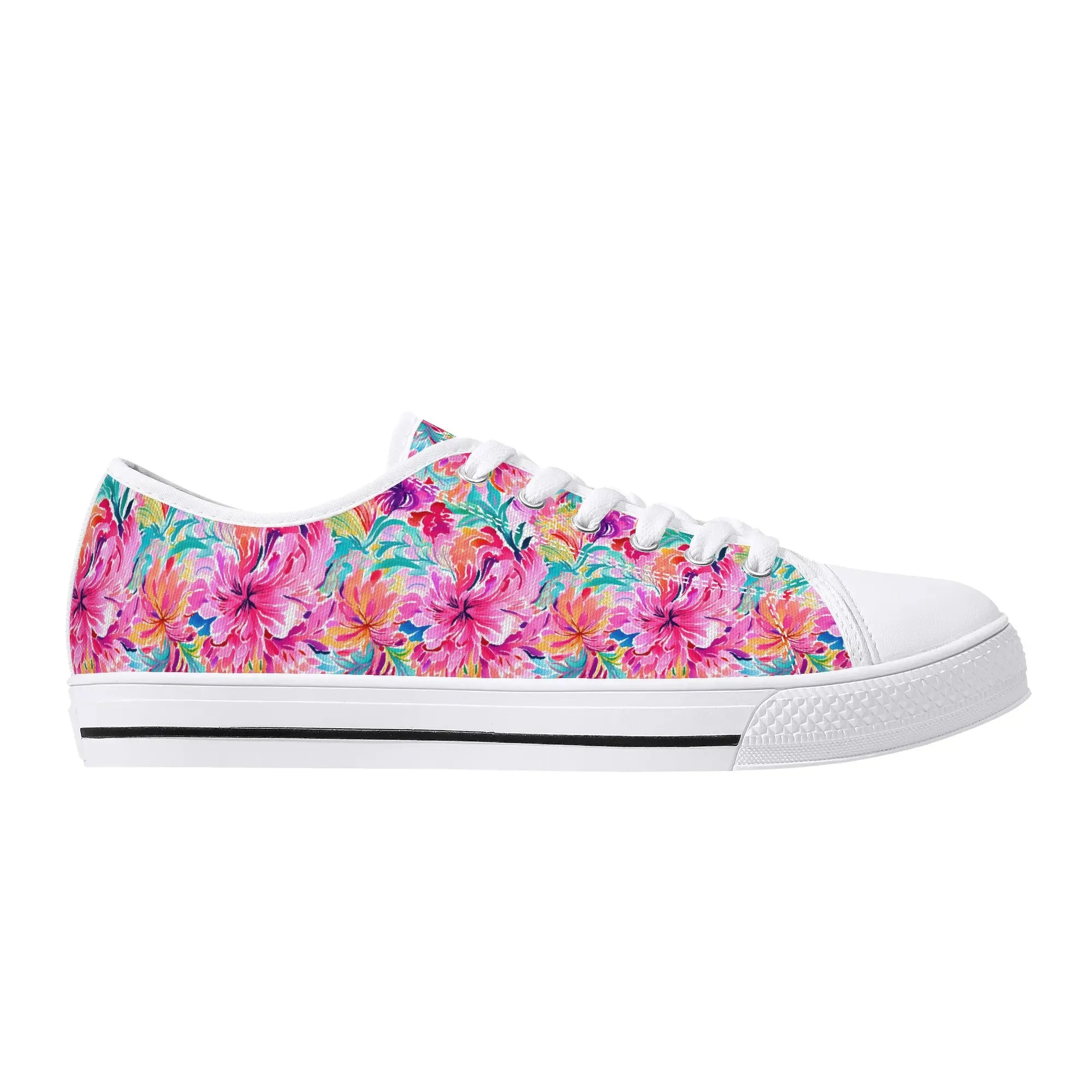 Rainbow Tropics: Watercolor Flowers in Vibrant Pink, Green and Orange Hues Womens Low Top Canvas Sneakers US5.5 - US12