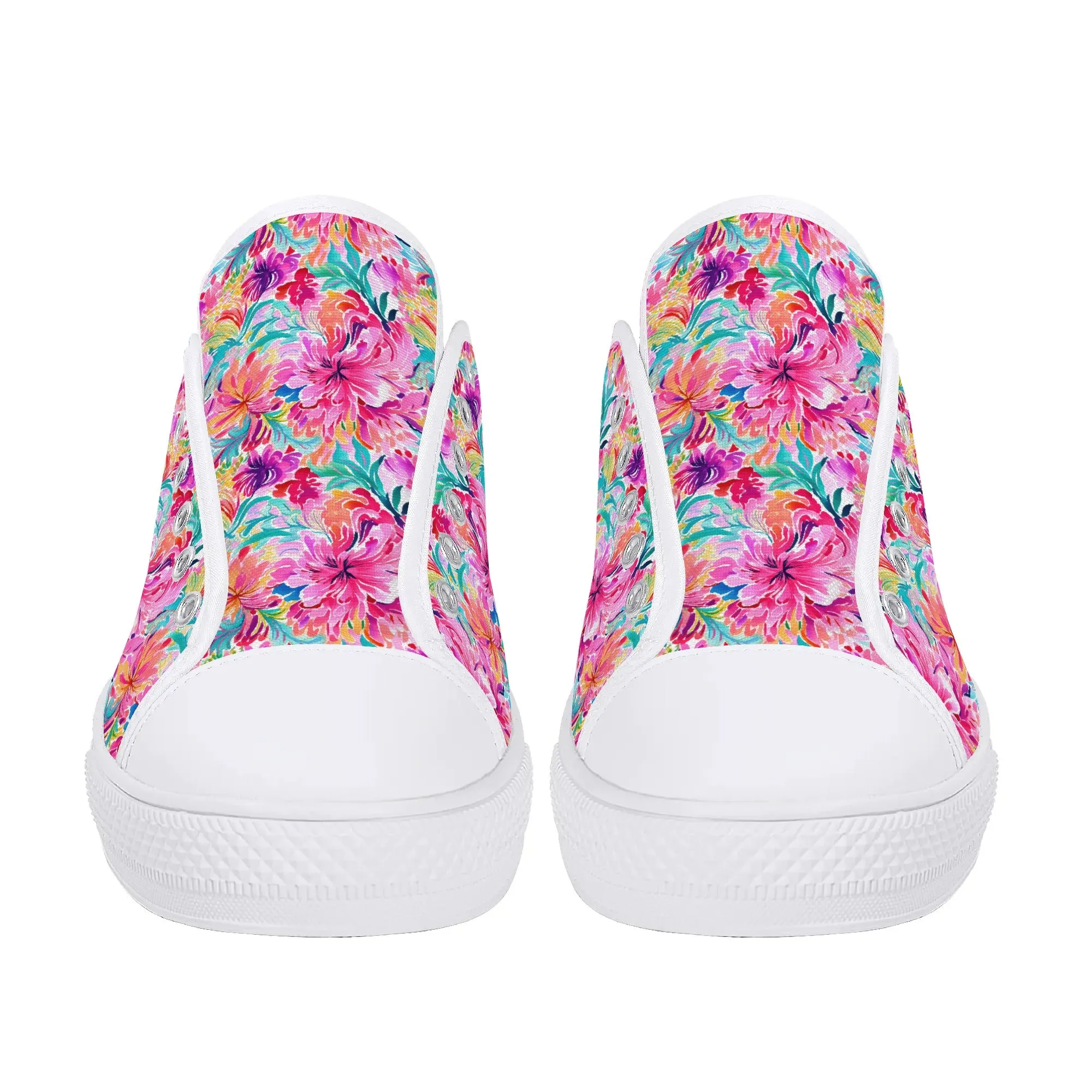 Rainbow Tropics: Watercolor Flowers in Vibrant Pink, Green and Orange Hues Womens Low Top Canvas Sneakers US5.5 - US12