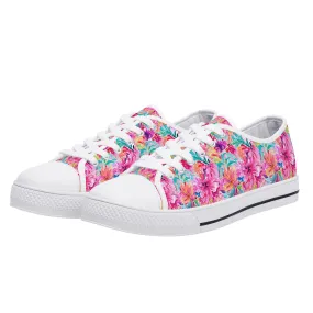 Rainbow Tropics: Watercolor Flowers in Vibrant Pink, Green and Orange Hues Womens Low Top Canvas Sneakers US5.5 - US12