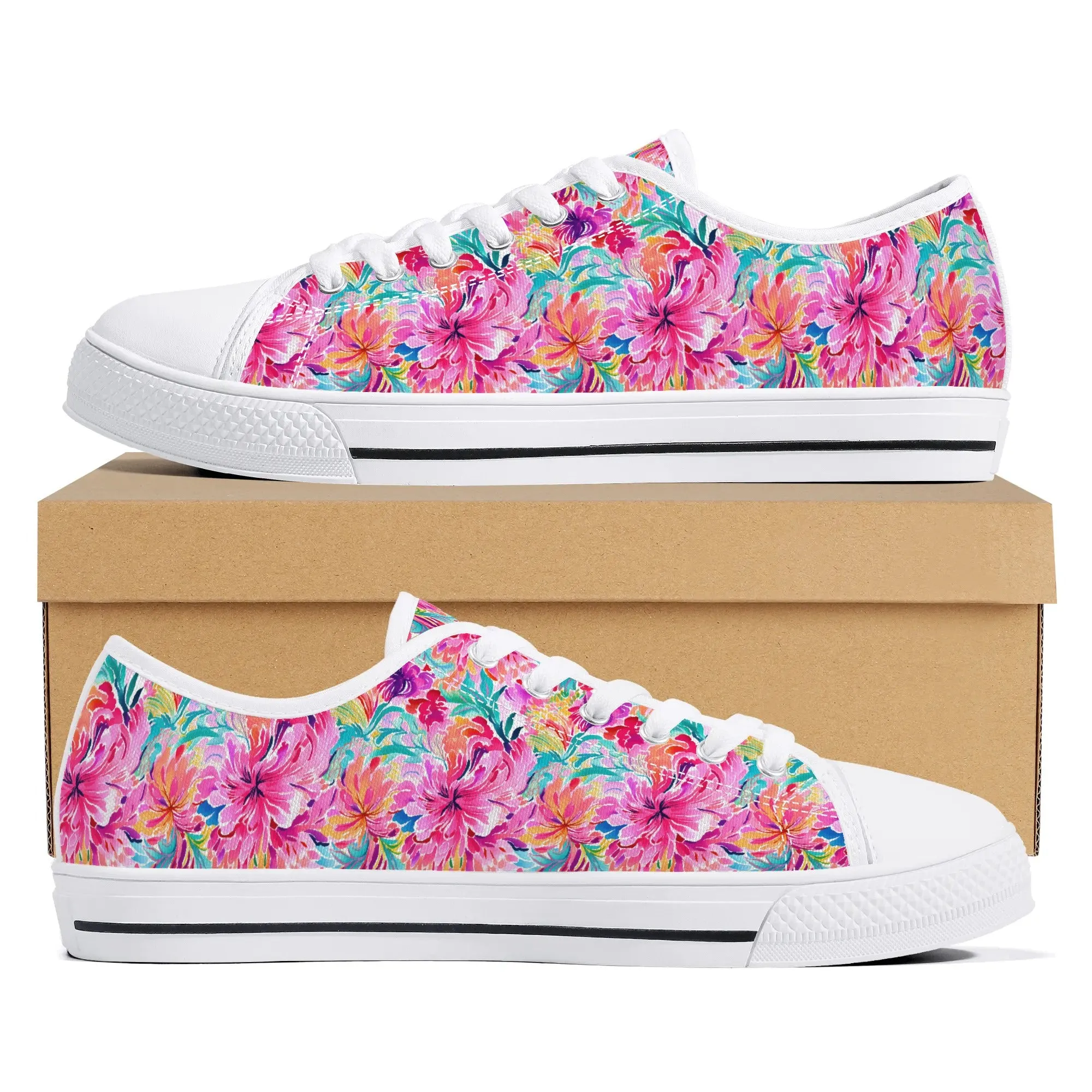 Rainbow Tropics: Watercolor Flowers in Vibrant Pink, Green and Orange Hues Womens Low Top Canvas Sneakers US5.5 - US12