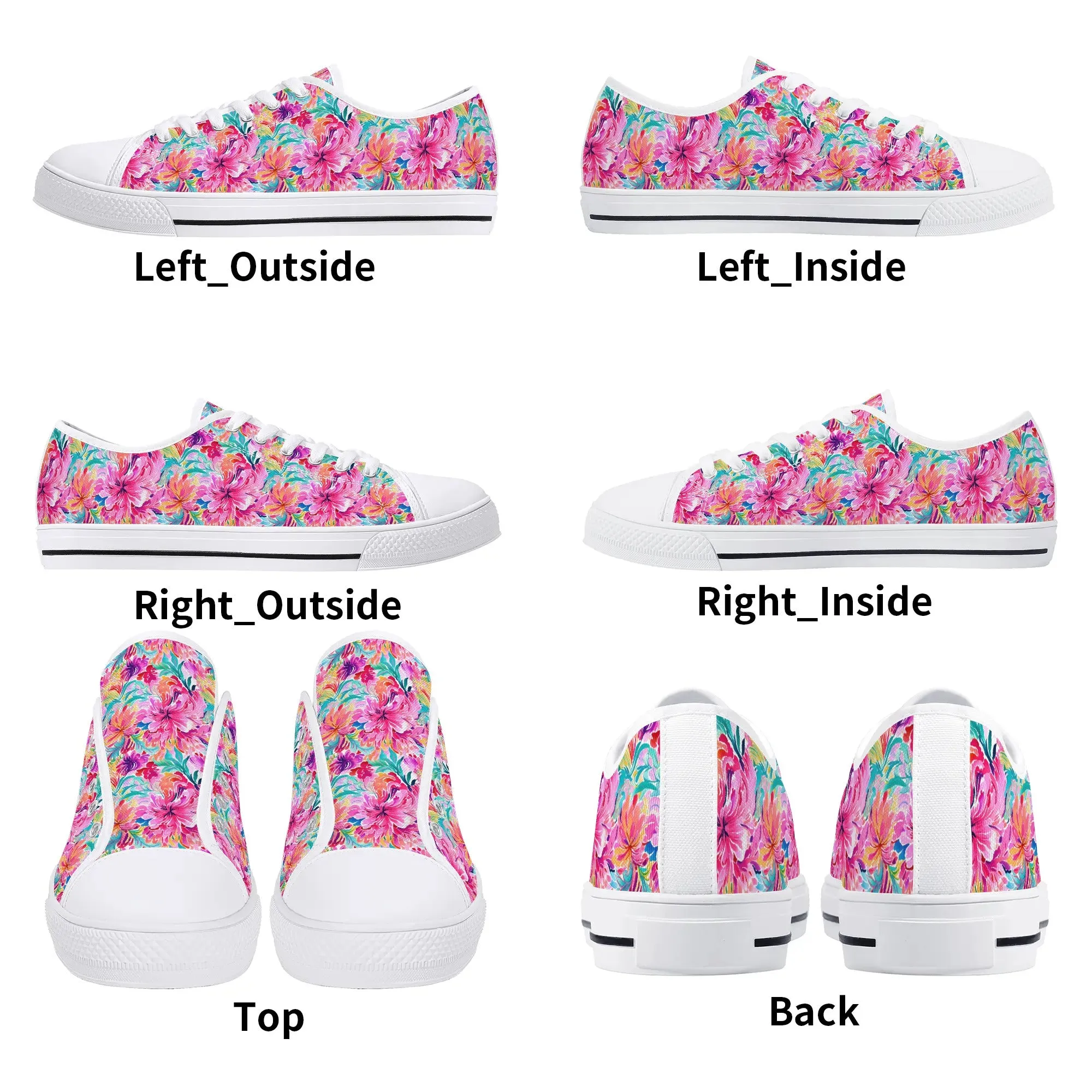 Rainbow Tropics: Watercolor Flowers in Vibrant Pink, Green and Orange Hues Womens Low Top Canvas Sneakers US5.5 - US12