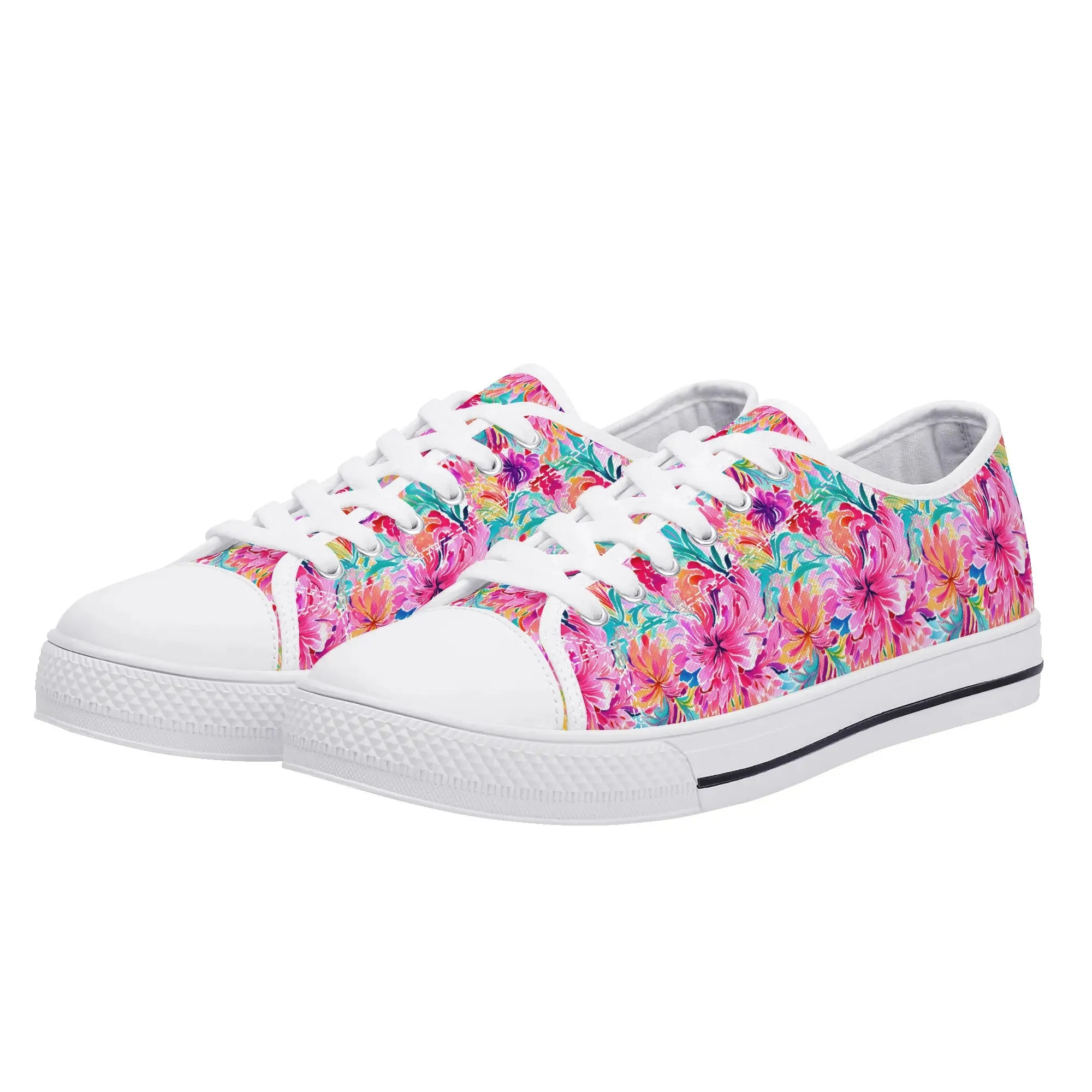 Rainbow Tropics: Watercolor Flowers in Vibrant Pink, Green and Orange Hues Womens Low Top Canvas Sneakers US5.5 - US12