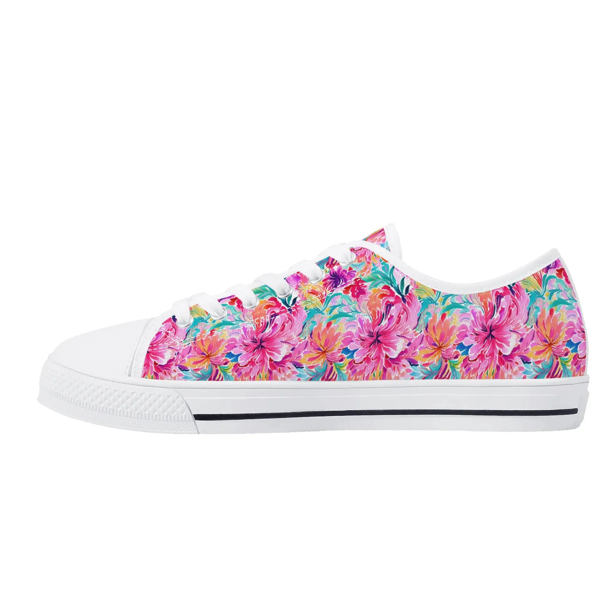 Rainbow Tropics: Watercolor Flowers in Vibrant Pink, Green and Orange Hues Womens Low Top Canvas Sneakers US5.5 - US12