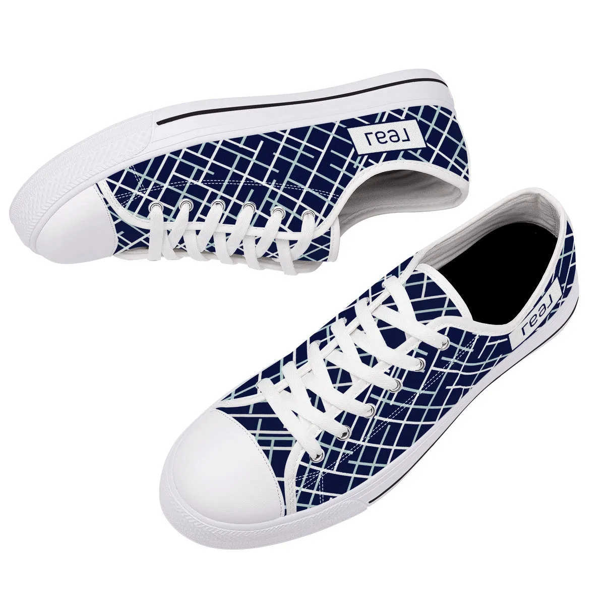 Real White Logo on Navy with Abstract Line Design Canvas Sneakers