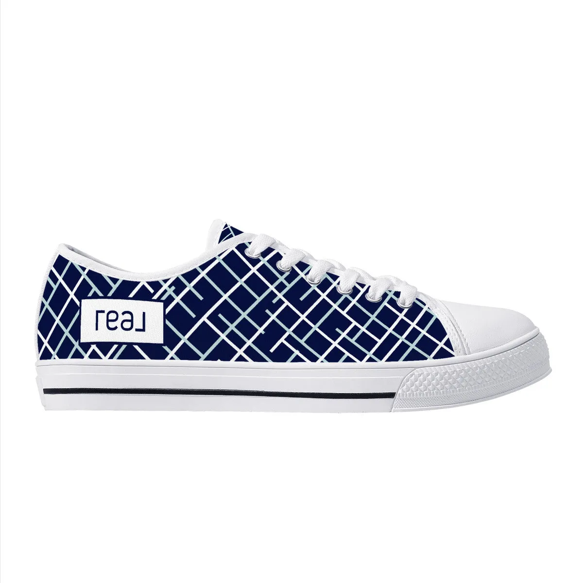 Real White Logo on Navy with Abstract Line Design Canvas Sneakers