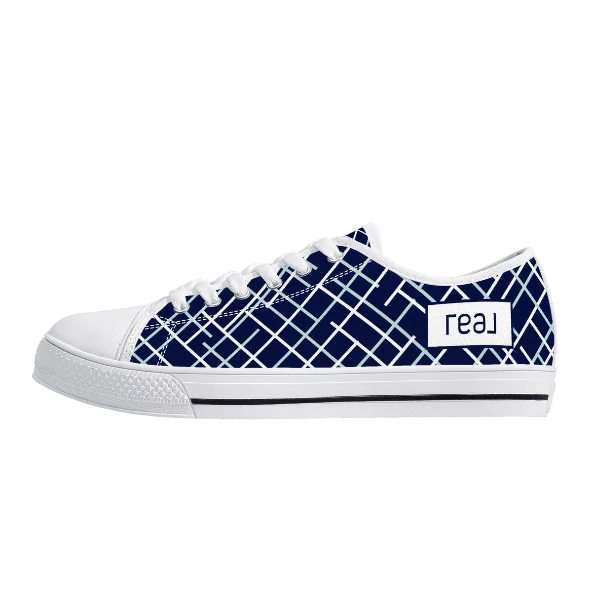 Real White Logo on Navy with Abstract Line Design Canvas Sneakers